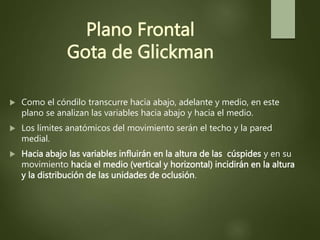 Plano Frontal
Gota de Glickman
 Como el cóndilo transcurre hacia abajo, adelante y medio, en este
plano se analizan las variables hacia abajo y hacia el medio.
 Los límites anatómicos del movimiento serán el techo y la pared
medial.
 Hacia abajo las variables influirán en la altura de las cúspides y en su
movimiento hacia el medio (vertical y horizontal) incidirán en la altura
y la distribución de las unidades de oclusión.
 
