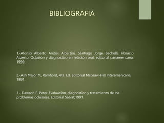 BIBLIOGRAFIA
1.-Alonso Alberto Aníbal Albertini, Santiago Jorge Bechelli, Horacio
Alberto. Oclusión y diagnostico en relación oral. editorial panamericana;
1999.
2.-Ash Major M, Ramfjord, 4ta. Ed. Editorial McGraw-Hill Interamericana;
1991.
3.- Dawson E. Peter. Evaluación, diagnostico y tratamiento de los
problemas oclusales. Editorial Salvat;1991.
 
