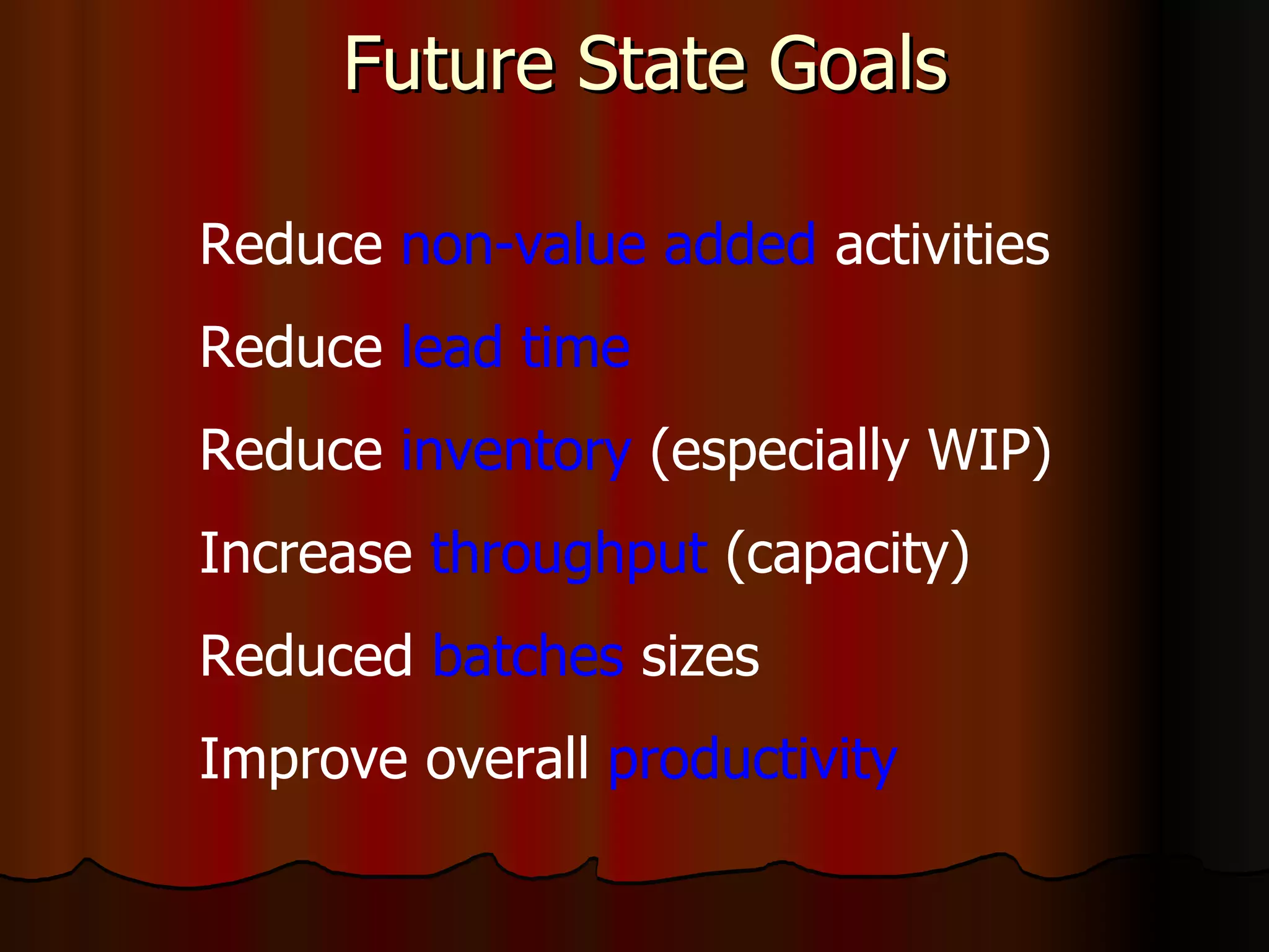 Future State Goals Reduce  non-value added  activities Reduce  lead time Reduce  inventory  (especially WIP) Increase  throughput  (capacity) Reduced  batches  sizes Improve overall  productivity 