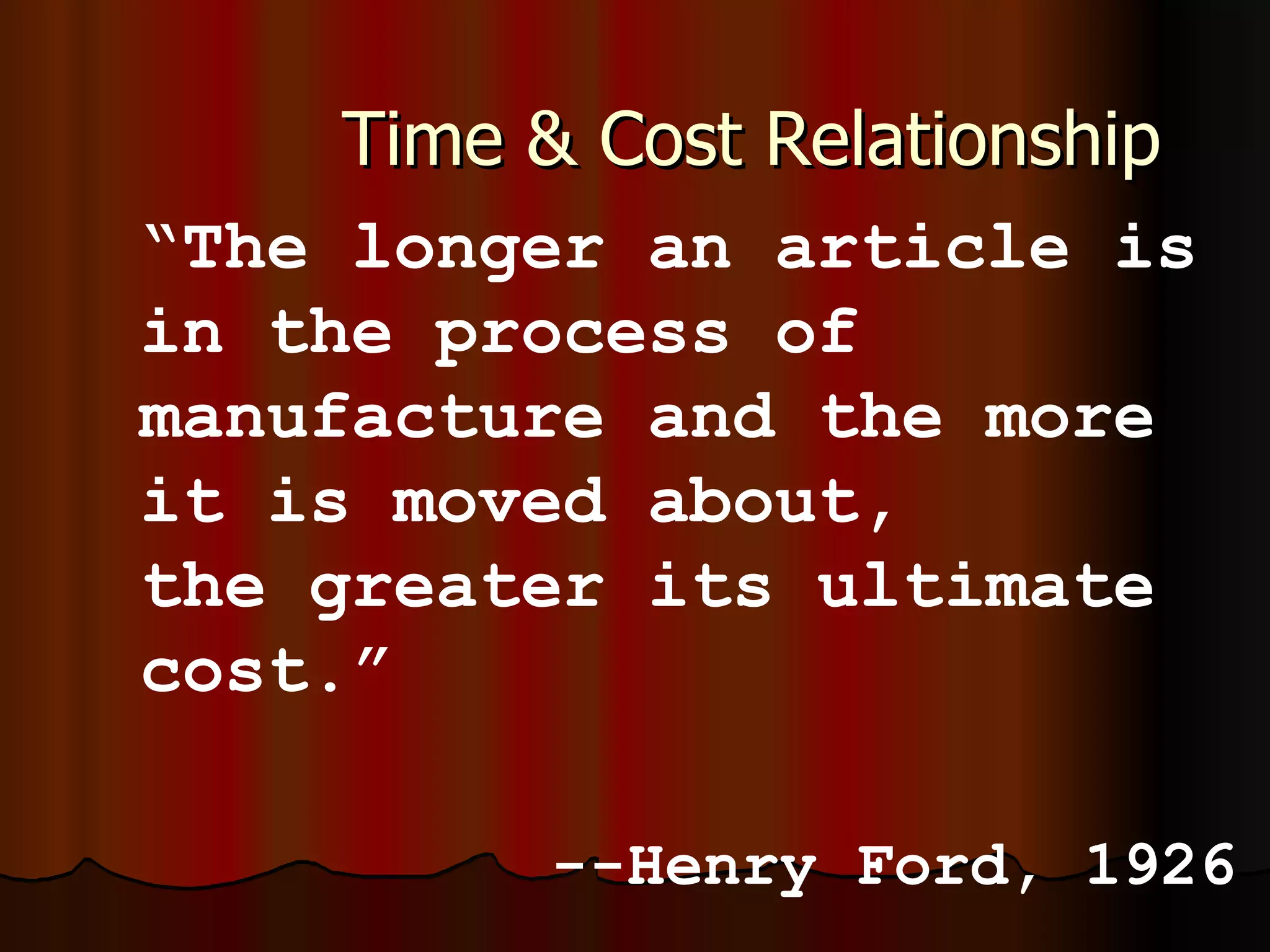 Time & Cost Relationship “ The longer an article is in the process of manufacture and the more it is moved about,  the greater its ultimate cost.” --Henry Ford, 1926 