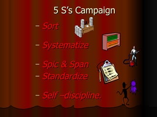 5 S’s Campaign Sort   Systematize   Spic & Span Standardize   Self –discipline. 