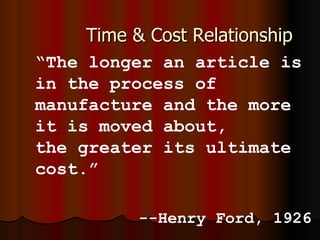 Time & Cost Relationship “ The longer an article is in the process of manufacture and the more it is moved about,  the greater its ultimate cost.” --Henry Ford, 1926 