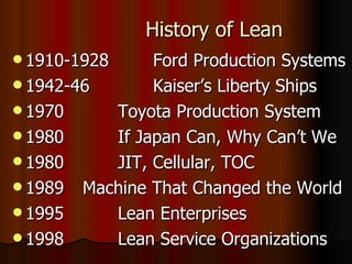 History of Lean 1910-1928  Ford Production Systems 1942-46  Kaiser’s Liberty Ships  1970  Toyota Production System  1980  If Japan Can, Why Can’t We 1980  JIT, Cellular, TOC 1989  Machine That Changed the World 1995  Lean Enterprises 1998  Lean Service Organizations 