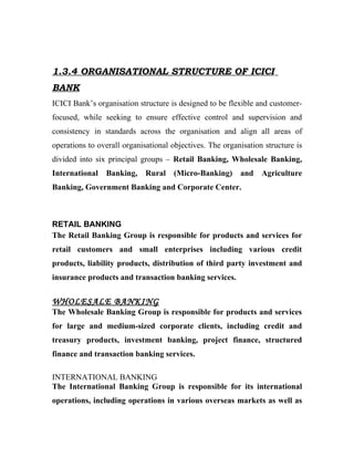 1.3.4 ORGANISATIONAL STRUCTURE OF ICICI
BANK
ICICI Bank’s organisation structure is designed to be flexible and customer-
focused, while seeking to ensure effective control and supervision and
consistency in standards across the organisation and align all areas of
operations to overall organisational objectives. The organisation structure is
divided into six principal groups – Retail Banking, Wholesale Banking,
International   Banking,     Rural   (Micro-Banking)      and    Agriculture
Banking, Government Banking and Corporate Center.



RETAIL BANKING
The Retail Banking Group is responsible for products and services for
retail customers and small enterprises including various credit
products, liability products, distribution of third party investment and
insurance products and transaction banking services.


WHOLESALE BANKING
The Wholesale Banking Group is responsible for products and services
for large and medium-sized corporate clients, including credit and
treasury products, investment banking, project finance, structured
finance and transaction banking services.

INTERNATIONAL BANKING
The International Banking Group is responsible for its international
operations, including operations in various overseas markets as well as
 