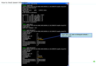 ENB02> appsh oper
110329-16:58:33 10.0.0.164 8.0r ERBS_NODE_MODEL_B_1_40_COMPLETE stopfile=/tmp/3224
Please enter Node Password:
$ appsh oper
egr_sid: ipIf | host | ipDA | dstPort | status
None found
0 UDP sessions in operational
egr_sid: laid | ipDA | teid | status
18 : 0 | 4.3.0.148 | 2487747802 | ok
21 : 0 | 4.2.0.150 | 3235900547 | ok
22 : 0 | 4.2.0.150 | 3620931837 | ok
23 : 0 | 4.2.0.150 | 988112966 | ok
24 : 0 | 4.2.0.150 | 2032833662 | ok
5 GTP sessions in operational
$
ENB02> appsh data 6
110318-20:05:42 10.0.0.163 8.0s ERBS_NODE_MODEL_B_1_40_COMPLETE stopfile=/tmp/5752
$ appsh data 6
appsh data <{udp|gtp}> <sid>
ENB02> appsh data gtp 21
110318-20:06:15 10.0.0.163 8.0s ERBS_NODE_MODEL_B_1_40_COMPLETE stopfile=/tmp/5752
$ appsh data gtp 4
ipInterfaceIndex = 0
hostIndex = 1
ipInterfaceIndex_old = 7
hostIndex_old = 31
remoteIpAddress = 4.2.0.150
receiveTEID = 1671200888
dscp = 20
clientInternalSwitchAddress = 02:00:01:03:00:03
serverInternalSwitchAddress = 02:00:01:02:00:03
internalVLANID = 10
sessionId = 4
ENB02> appsh data gtp 22
110318-20:06:47 10.0.0.163 8.0s ERBS_NODE_MODEL_B_1_40_COMPLETE stopfile=/tmp/5752
$ appsh data gtp 5
ipInterfaceIndex = 0
hostIndex = 1
ipInterfaceIndex_old = 7
hostIndex_old = 31
remoteIpAddress = 4.2.0.150
receiveTEID = 615576315
dscp = 46
clientInternalSwitchAddress = 02:00:01:03:00:03
serverInternalSwitchAddress = 02:00:01:02:00:03
internalVLANID = 10
sessionId = 5
How to check bearer information
Check TEID in S1 side to distinguish default /
dedicated bearer
 