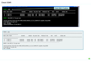 Check VSWR
ENB01> cabx
============================================================================================================
====================
SMN APN PORT BOARD GREEN YELLOW RED PRODUCT NR REV DATE SERIAL NR
============================================================================================================
====================
0 1 BXP_0_1 RUS01B5 steady 16hz off KRC11864/2 R1C 20100923 C823763459
0 1 BXP_3_1 RUS01B5 steady 16hz off KRC11864/2 R1C 20101103 C823863797
--------------------------------------------------------------------------------------------------------------------------------
ENB01> lhsh BXP_4_1 fui get vswr
110110-18:33:56 10.0.0.162 8.0n ERBS_NODE_MODEL_A_9_53_COMPLETE stopfile=/tmp/5096
$ lhsh BXP_3_1 fui get vswr
vswr: 28.5[dB]
ENB01> cabx
===============================================================================================
SMN APN PORT BOARD GREEN YELLOW RED PRODUCT NR REV DATE SERIAL NR
===============================================================================================
0 1 BXP_0_1 RUS01B5 steady 16hz off KRC11864/2 R1C 20100923 C823763459
0 1 BXP_3_1 RUS01B5 steady 16hz off KRC11864/2 R1C 20101103 C823863797
--------------------------------------------------------------------------------------------------------------------------------
ENB01> lhsh BXP_3_1 fui get vswr
110110-18:33:56 10.0.0.162 8.0n ERBS_NODE_MODEL_A_9_53_COMPLETE stopfile=/tmp/5096
$ lhsh BXP_3_1 fui get vswr
vswr: 28.5[dB]
ntpServerIpAddress 172.30.108.217
Check O&M IP address
 