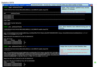 ENB03> hpget . pmSessionTimeUe
110328-10:03:36 10.0.0.164 8.0r ERBS_NODE_MODEL_B_1_40_COMPLETE stopfile=/tmp/3728
.
=================================================================================================================
MO pmSessionTimeUe
=================================================================================================================
EUtranCellFDD=33 0
EUtranCellFDD=32 2
EUtranCellFDD=31 0
=================================================================================================================
Total: 3 MOs
Added 3 MOs to group: hget_group
Total: 0 MOs
ENB03> pmx . pmSessionTimeUe
110328-09:56:42 10.0.0.164 8.0r ERBS_NODE_MODEL_B_1_40_COMPLETE stopfile=/tmp/3728
.........................
gzip -dc /home/Administrator/moshell_logfiles/logs_moshell/pmfiles/10.0.0.164/pm_data/A20110328.0030-0045.1.xml.gz | /home/Administrator/moshell/pmExtract -u "xt -m “
(?:w+=[^,]+,){1,2}((w+=[^,]+,*)+$)"
Report from 2011-03-28 00:30 UTC to 2011-03-28 00:44 UTC
Date: 2011-03-28
Object Counter 00:30
EUtranCellFDD=31 pmSessionTimeUe 0
EUtranCellFDD=32 pmSessionTimeUe 161
EUtranCellFDD=33 pmSessionTimeUe 0
ENB03> pmx . pmSessionTimeUe -m 1 -a
110328-09:57:58 10.0.0.164 8.0r ERBS_NODE_MODEL_B_1_40_COMPLETE stopfile=/tmp/3728
.........................
gzip -dc /home/Administrator/moshell_logfiles/logs_moshell/pmfiles/10.0.0.164/pm_data/A20110327.2345-0000.1.xml.gz /home/Administrator/moshell_logfiles/logs_moshell/pmfiles
/10.0.0.164/pm_data/A20110328.0000-0015.1.xml.gz /home/Administrator/moshell_logfiles/logs_moshell/pmfiles/10.0.0.164/pm_data/A20110328.0015-0030.1.xml.gz /home/Administ
rator/moshell_logfiles/logs_moshell/pmfiles/10.0.0.164/pm_data/A20110328.0030-0045.1.xml.gz | /home/Administrator/moshell/pmExtract -u "." "pmSessionTimeUe" | /home/Admi
nistrator/moshell/pmXtab -a -cols time -fmt txt -m "(?:w+=[^,]+,){1,2}((w+=[^,]+,*)+$)"
Report from 2011-03-27 23:45 UTC to 2011-03-28 00:44 UTC
Start Time: 2011-03-27 23:45:00 End Time: 2011-03-28 00:30:00
Object Counter
EUtranCellFDD=31 pmSessionTimeUe 0
EUtranCellFDD=32 pmSessionTimeUe 161
EUtranCellFDD=33 pmSessionTimeUe 0
pmx : Show Statistics date collected during past 15
minutes.
Statistics DATA
Assign time to pmx to check Statistics Data
Case 1 [-s : designate start time. e: designate end
time]
Case 2 [-m 1(contents over the past one hour) –
a(combined)]
hpget : Show statistics updated every second,
cleared in 15 minutes.
※ hpget : Show vertically. pget : Show horizontally.
pmSessionTimeUe : Increase by 1 every 5 seconds when you check number of Erabs.
 