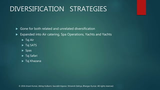 DIVERSIFICATION STRATEGIES
 Gone for both related and unrelated diversification
 Expanded into Air catering, Spa Operations, Yachts and Yachts
 Taj Air
 Taj SATS
 Spas
 Taj Safari
 Taj Khazana
© 2016 Anant Kumar, Abhay Kulkarni, Saurabh Kapoor, Shivansh Dahiya, Bhargav Kumar. All rights reserved.
 