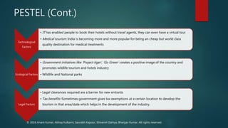PESTEL (Cont.)
Technological
Factors
• IT has enabled people to book their hotels without travel agents, they can even have a virtual tour
• Medical tourism: India is becoming more and more popular for being an cheap but world class
quality destination for medical treatments
Ecological Factors
• Government initiatives like ‘Project tiger’, ‘Go Green’ creates a positive image of the country and
promotes wildlife tourism and hotels industry
• Wildlife and National parks
Legal Factors
• Legal clearances required are a barrier for new entrants
• Tax benefits: Sometimes government gives tax exemptions at a certain location to develop the
tourism in that area/state which helps in the development of the industry.
© 2016 Anant Kumar, Abhay Kulkarni, Saurabh Kapoor, Shivansh Dahiya, Bhargav Kumar. All rights reserved.
 