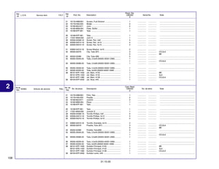 Ref.
L.O.N.
Nº

Reqd. Qty.
CBX250
6

Part. No.
16176-HM8-B01
16179-HA0-003
16180-ML6-671
16185-MN9-004
16198-KPF-961

Screen, Fuel Strainer .............................
Binder .....................................................
Joint .......................................................
Plate, Buffer ...........................................
Tube .......................................................

1
2
2
1
1

................
................
................
................
................

...............
...............
...............
...............
...............

.................................................................
.................................................................
.................................................................
.................................................................
.................................................................

26
27
28
29
30

16199-KPF-961
17201-MG9-000
93500-04008-1A
93500-04014-1A
93500-05010-1A

Tube .......................................................
Joint A ...................................................
Screw, Pan, 4x8 .....................................
Screw, Pan, 4x14 ...................................
Screw, Pan, 5x10 ...................................

1
1
4
4
2

................
................
................
................
................

...............
...............
...............
...............
...............

.................................................................
.................................................................
.................................................................
.................................................................
.................................................................

31
32

93892-04010-18
95002-02079

Screw-Washer, 4x10 ..............................
Clip, Tube (B7) .......................................

33
34

95002-02089
95005-35045-20

Clip, Tube (B8) .......................................
Tube, 3.5x45 (95005-35001-20M) ...........

35

95005-35085-20

Tube, 3.5x85 (95005-35001-20M) ...........

2
3
5
5
1
1
1

................
................
................
................
................
................
................

...............
...............
...............
...............
...............
...............
...............

.................................................................
CO,3LA
BR
.................................................................
.................................................................
CO,3LA
.................................................................

36
37
38

F.R.T.

Ref.
Nº
21
22
23
24
25

Service Item

95005-45035-50
95005-50345-50
99101-KPF-1500
99101-KPE-1420
99101-KPF-1380
99104-KPF-0450

Tube, 4.5x35 (95005-45001-50M) ...........
Tube, 5x345 (95005-50001-50M) ............
Jet, Main, #150 ......................................
Jet, Main, #142 ......................................
Jet, Main, #138 ......................................
Jet, Slow, #45 ........................................

1
1
1
1
1
1

................
................
................
................
................
................

...............
...............
...............
...............
...............
...............

.................................................................
.................................................................
BR
3LA
CO,2LA
.................................................................

39

2

No. de
N.O.M.O.
Ref.

Articulo de servicio

THLL

No. de
No. de pieza
Ref.

Description

Cant. Reqd
CBX250
6

Descripción

Serial No.

No. de série

Note

Note

21
22
23
24
25

16176-HM8-B01
16179-HA0-003
16180-ML6-671
16185-MN9-004
16198-KPF-961

Filtro, Tela ..............................................
Presilla ...................................................
Junción ..................................................
Placa ......................................................
Tubo .......................................................

1
2
2
1
1

................
................
................
................
................

...............
...............
...............
...............
...............

.................................................................
.................................................................
.................................................................
.................................................................
.................................................................

26
27
28
29
30

16199-KPF-961
17201-MG9-000
93500-04008-1A
93500-04014-1A
93500-05010-1A

Tubo .......................................................
Junción A ...............................................
Tornillo Phillips, 4x8 ...............................
Tornillo Phillips, 4x14 .............................
Tornillo Phillips, 5x10 .............................

1
1
4
4
2

................
................
................
................
................

...............
...............
...............
...............
...............

.................................................................
.................................................................
.................................................................
.................................................................
.................................................................

31
32

93892-04010-18
95002-02079

Tornillo, Arandela, 4x10 ..........................
Presilla, Tubo (B7) ..................................

33
34

95002-02089
95005-35045-20

Presilla, Tubo(B8) ...................................
Tubo, 3,5x45 (95005-35001-20M) ...........

35

95005-35085-20

Tubo, 3,5x85 (95005-35001-20M) ...........

2
3
5
5
1
1
1

................
................
................
................
................
................
................

...............
...............
...............
...............
...............
...............
...............

.................................................................
CO,3LA
BR
.................................................................
.................................................................
CO,3LA
.................................................................

36
37
38

95005-45035-50
95005-50345-50
99101-KPF-1500
99101-KPE-1420
99101-KPF-1380
99104-KPF-0450

Tubo, 4,5x35 (95005-45001-50M) ...........
Tubo, 5x345 (95005-50001-50M) ............
Surtidor Principal, #150 ..........................
Surtidor Principal, #142 ..........................
Surtidor Principal, #138 ..........................
Surtidor Lento, #45 ................................

1
1
1
1
1
1

................
................
................
................
................
................

...............
...............
...............
...............
...............
...............

.................................................................
.................................................................
BR
3LA
CO,2LA
.................................................................

39

108
31.10.05

 