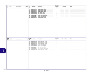 Ref.
L.O.N.
Nº

Reqd. Qty.
CBX250
6

No. de
N.O.M.O.
Ref.

Articulo de servicio

THLL

Part. No.
93892-05020-07
93892-05028-07
93892-05045-07
90208-GHR-630
90032-GHR-E90

Screw-Washer, 5x20 ..............................
Screw-Washer, 5x28 ..............................
Screw-Washer, 5x45 ..............................
Nut, Flange, 6mm ...................................
Bolt, Flange, 6x22 ..................................

1
1
1
1
2

................
................
................
................
................

...............
...............
...............
...............
...............

.................................................................
.................................................................
.................................................................
.................................................................
.................................................................

26
27
28

F.R.T.

Ref.
Nº
21
22
23
24
25

Service Item

35130-KPF-961
35200-KPF-961
93892-05025-07

Switch Assy., Starter Kill .......................
Switch Assy., Winker .............................
Screw-Washer, 5x25 ..............................

1
1
1

................
................
................

...............
...............
...............

.................................................................
.................................................................
.................................................................

No. de
No. de pieza
Ref.

Description

Cant. Reqd
CBX250
6

Descripción

Serial No.

No. de série

Note

Note

21
22
23
24
25

3

93892-05020-07
93892-05028-07
93892-05045-07
90208-GHR-630
90032-GHR-E90

Tornillo, Arandela, 5x20 ..........................
Tornillo, Arandela, 5x28 ..........................
Tornillo, Arandela, 5x45 ..........................
Tuerca, Reborde, 6mm ...........................
Perno, Reborde, 6x22 ............................

1
1
1
1
2

................
................
................
................
................

...............
...............
...............
...............
...............

.................................................................
.................................................................
.................................................................
.................................................................
.................................................................

26
27
28

35130-KPF-961
35200-KPF-961
93892-05025-07

Ens Interruptor Cierre ............................
Ens Interruptor, Sinalizador ...................
Tornillo, Arandela, 5x25 ..........................

1
1
1

................
................
................

...............
...............
...............

.................................................................
.................................................................
.................................................................

116
31.10.05

 