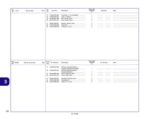Ref.
L.O.N.
Nº

Reqd. Qty.
CBX250
6

No. de
N.O.M.O.
Ref.

Articulo de servicio

THLL

Part. No.
51500-KPF-902
51520-KPF-901
90109-MR7-000
90116-KV3-701

Fork Assy., L. FR. (SHOWA) ..................
Case, L. Bottom .....................................
Bolt, Flange, 8x45 ..................................
Bolt, Socket, 8mm .................................

1
1
1
2

................
................
................
................

...............
...............
...............
...............

.................................................................
.................................................................
.................................................................
.................................................................

21
22
23

F.R.T.

Ref.
Nº
17
18
19
20

Service Item

90544-283-000
91254-KAZ-003
91357-ME4-003

Washer, Special, 8mm ...........................
Dust Seal ...............................................
O-Ring, 27.7x3.5 ....................................

2
2
2

................
................
................

...............
...............
...............

.................................................................
.................................................................
.................................................................

No. de
No. de pieza
Ref.

Description

Cant. Reqd
CBX250
6

Descripción

17
18

51520-KPF-901

19
20

3

51500-KPF-902

90109-MR7-000
90116-KV3-701

Cilindro, Izquierda Externo
Horquilla Delantera (SHOWA) .................
Cilindro Izquierdo Externo
Horquilla Delantera .................................
Perno, Reborde, 8x45 ............................
Perno, Allen, 8mm ..................................

21
22
23

90544-283-000
91254-KAZ-003
91357-ME4-003

Arandela, Especial, 8mm .......................
Guardapolvo ...........................................
Anillo O, 27,7x3,5 ..................................

130
31.10.05

Serial No.

No. de série

Note

Note

1

................

...............

.................................................................

1
1
2

................
................
................

...............
...............
...............

.................................................................
.................................................................
.................................................................

2
2
2

................
................
................

...............
...............
...............

.................................................................
.................................................................
.................................................................

 