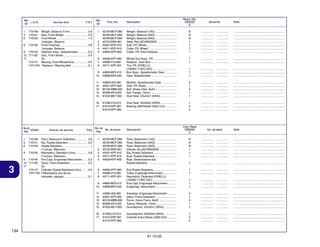 Ref.
L.O.N.
Nº

Service Item

F.R.T.

Ref.
Nº

Reqd. Qty.
CBX250
6

Description

Serial No.

Note

No. de
N.O.M.O.
Ref.
1
3
6

3

7101A6
710151
7101D4

Articulo de servicio

0.6
0.3
1.0
0.9
0.3
0.4
0.4
0.1

THLL

Peso, Balancero: Delantero .............. 0,6
Eje, Rueda Delantera ........................ 0,3
Rueda Delantera .................................. 1
• Incluye: Balanceo
8 710139 Neumatico, Delantero (Uno) .............. 0,9
• Incluye: Balanceo
9 710145 Ens Caja, Engranaje Velocímetro ..... 0,3
12 711120 Disco, Freno Delantero ..................... 0,4
17
(5)
710115 Cojinete, Rueda Delantera (Uno) ...... 0,4
710115G • Reemplace uno de los
cojinetes, agregar ............................. 0,1

2
3
4
5

N
N
N
1
1
1
1

................
................
................
................
................
................
................

...............
...............
...............
...............
...............
...............
...............

.................................................................
.................................................................
.................................................................
.................................................................
.................................................................
.................................................................
.................................................................

6
7
8

44650-KPF-960
44680-410-000
44711-KPF-901

1
1

................
................

...............
...............

.................................................................
.................................................................

44800-MF2-013
44806-MF2-003

Wheel Sub Assy., FR. ............................
Retainer, Gear Box ................................
Tire, FR. (PIRELLI)
(100/80-17 M/C 52C) ..............................
Box Assy., Speedometer Gear ..............
Gear, Speedometer ................................

1
1
1

................
................
................

...............
...............
...............

.................................................................
.................................................................
.................................................................

44809-402-000
45251-KPF-900
90105-MBB-000
90306-KF0-003
91252-MC7-003

Washer, Speedometer Gear ...................
Disk, FR. Brake ......................................
Bolt, Brake Disk, 8x24 ...........................
Nut, Flange, 12mm .................................
Dust Seal, 22x42x7 (ARAI) ....................

2
1
5
1
1

................
................
................
................
................

...............
...............
...............
...............
...............

.................................................................
.................................................................
.................................................................
.................................................................
.................................................................

16
17

Weight, Balance :Front .....................
Axle, Front Wheel .............................
Front Wheel ......................................
.Includes: Balance
8 710139 Front Tire(One) .................................
.Includes: Balance
9 710145 Gearbox Assy., Speedometer ...........
12 711120 Disc, Front Brake ..............................
17
(5)
710115 Bearing, Front Wheel(One) ...............
710115G .Replace 1 Bearing Add ....................

Weight, Balance (10G) ...........................
Weight, Balance (20G) ...........................
Weight, Balance (30G) ...........................
Valve, Rim (SCHRADER) ........................
Axle, FR. Wheel ......................................
Collar, FR. Wheel ....................................
Collar, FR. Axle Distance .......................

11
12
13
14
15

7101A6
710151
7101D4

42704-MCF-D60
42705-MCF-D60
42706-MCF-D60
42753-MR4-901
44301-KPF-910
44311-KPF-910
44620-KPF-900

9
10

1
3
6

1

Part. No.

91258-410-013
91015-KPF-961
91015-KPF-962

Dust Seal, 40x50x5 (ARAI) ....................
Bearing, Ball Radial, 6302 (UU) ..............
...............................................................

1
2
2

................
................
................

...............
...............
...............

.................................................................
.................................................................
.................................................................

No. de
No. de pieza
Ref.
1

2
3
4
5

42704-MCF-D60
42705-MCF-D60
42706-MCF-D60
42753-MR4-901
44301-KPF-910
44311-KPF-910
44620-KPF-900

Cant. Reqd
CBX250
6

Descripción

No. de série

Note

Peso, Balancero (10G) ..........................
Peso, Balancero (20G) ..........................
Peso, Balancero (30G) ..........................
Válvula, Aro (SCHRADER) .....................
Eje, Rueda Delantera .............................
Buje, Rueda Delantera ...........................
Buje, Distanciadora Eje
Rueda Delantera ....................................

N
N
N
1
1
1

................
................
................
................
................
................

...............
...............
...............
...............
...............
...............

.................................................................
.................................................................
.................................................................
.................................................................
.................................................................
.................................................................

1

................

...............

.................................................................

1
1

................
................

...............
...............

.................................................................
.................................................................

1
1
1

................
................
................

...............
...............
...............

.................................................................
.................................................................
.................................................................

6
7
8

44650-KPF-960
44680-410-000
44711-KPF-901

9
10

44800-MF2-013
44806-MF2-003

Ens Rueda Delantera .............................
Traba, Engranaje Velocímetro ................
Neumatico, Delantero (PIRELLI)
(100/80-17 M/C 52C) ..............................
Ens Caja, Engranaje Velocímetro ...........
Engranaje, Velocímetro ..........................

11
12
13
14
15

44809-402-000
45251-KPF-900
90105-MBB-000
90306-KF0-003
91252-MC7-003

Arandela, Engranaje Velocímetro ...........
Disco, Freno Delantero ..........................
Perno, Disco Freno, 8x24 ......................
Tuerca, Reborde, 12mm .........................
Guardapolvo, 22x42x7 (ARAI) ...............

2
1
5
1
1

................
................
................
................
................

...............
...............
...............
...............
...............

.................................................................
.................................................................
.................................................................
.................................................................
.................................................................

16
17

91258-410-013
91015-KPF-961
91015-KPF-962

Guardapolvo, 40x50x5 (ARAI) ...............
Cojinete Acero Bolas, 6302 (UU) ...........
...............................................................

1
2
2

................
................
................

...............
...............
...............

.................................................................
.................................................................
.................................................................

134
31.10.05

 