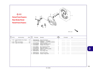 C-11
Painel Freio Traseiro
Rear Brake Panel
Panel Freno Trasero

Ref.
N.O.S.
Nº
1
2
7

711140
7111A9
7111C4

Item de serviço

T.M.O.

Sapata (Pastilha) Freio: Traseiro ...... 0,5
(3)
Painel, Freio Traseiro ........................ 0,6
Braço, Freio: Traseiro ....................... 0,1

Ref.
Nº
1
2

Nº da peça

Qtd.
CBX250
6

Descrição

Nº de série

Tipo

06430-GBJ-K20
Sapata, Freio Traseiro ............................
43100-KPF-900ZC Painel Comp., Freio Traseiro
*NHA59M* .......... Cinza Bauxita Metálico
43141-KPF-900
Came, Freio Traseiro ..............................
43142-KAS-890
Assento, Came Freio Traseiro ................
43145-399-000
Indicador, Freio Traseiro ........................

1

................

...............

.................................................................

1
1
1
1

................
................
................
................

...............
...............
...............
...............

.................................................................
.................................................................
.................................................................
.................................................................

6
7
8
9
10

43151-329-000
43410-KPF-900
45134-KB7-005
90301-473-003
90305-ME5-003

Mola, Sapata Freio Traseiro ...................
Braço, Freio Traseiro ..............................
Vedador Pó, Came Freio (NOK) ..............
Porca, U, 6mm .......................................
Porca, Flange, 16mm .............................

2
1
2
1
1

................
................
................
................
................

...............
...............
...............
...............
...............

.................................................................
.................................................................
.................................................................
.................................................................
.................................................................

11
12

90559-KPF-900
95701-06038-00

Arruela, Eixo Traseiro .............................
Parafuso, Flange, 6x38 ..........................

1
1

................
................

...............
...............

.................................................................
.................................................................

3
4
5

3

135
31.10.05

 