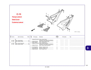 C-15
Tampa Lateral
Side Cover
Cubierta Lateral

Ref.
N.O.S.
Nº
1
4111H9
4111J0
4
4111H8
4111J0

Item de serviço

T.M.O.

(2)
Tampa, Lateral:Direito .......................
Tampa, Lateral: Ambos .....................
(5)
Tampa, Lateral: Esquerdo .................
Tampa, Lateral: Ambos .....................

Ref.
Nº
1

0,1
0,2
0,1
0,2

Nº da peça

Qtd.
CBX250
6

Descrição

5

83540-KPF-901ZB Tampa, Lateral Direita ............................
*NHA37M* Prata Twister Fosca Metálica
83542-KPF-900
Grade, Tampa Lateral Direita ..................
83551-300-000
Coxim, Tampa Filtro Ar ...........................
83640-KPF-901ZB Tampa, Lateral Esquerda .......................
*NHA37M* Prata Twister Fosca Metálica
83642-KPF-900
Grade, Tampa Lateral Esquerda .............

6
7
8

90104-MJ0-660
90134-GHR-J40
90320-GC3-000

2
3
4

Parafuso, Especial, 6x8 ........................
Parafuso, Fixação, 4x12 ........................
Porca, Pressão, 5mm ............................

Nº de série

Tipo

1
1

................
................
................
................
................
................
................

...............
...............
...............
...............
...............
...............
...............

.................................................................
.................................................................
.................................................................
.................................................................
.................................................................
.................................................................
.................................................................

2
6
4

................
................
................

...............
...............
...............

.................................................................
.................................................................
.................................................................

1
1
2

3

147
31.10.05

 
