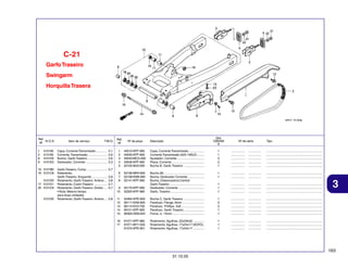C-21
Garfo Traseiro
Swingarm
Horquilla Trasera

Ref.
N.O.S.
Nº
1
2
8
9

Item de serviço

T.M.O.

410195
213165
5121H5
4101E5

Capa, Corrente Transmissão .............
Corrente, Transmissão ......................
Bucha, Garfo Traseiro .......................
Deslizador, Corrente .........................

0,1
0,6
0,6
0,3

10 5121B0
16 5121C8

Garfo Traseiro, Comp. .......................
Rolamento,
Garfo Traseiro: Esquerdo ..................
Rolamento, Garfo Traseiro: Ambos ...
Rolamento, Coxim Traseiro ...............
Rolamento, Garfo Traseiro: Direito ....
• Nota: Mesmo tempo
para duas unidades
Rolamento, Garfo Traseiro: Ambos ...

Qtd.
CBX250
6

Ref.
Nº

Nº da peça

1
2
3
4
5

40510-KPF-900
40530-KPF-900
40543-MCG-000
40546-KPF-900
52105-MJ0-000

Capa, Corrente Transmissão ..................
Corrente Transmissão (520-106LE) ........
Ajustador, Corrente ................................
Placa, Corrente ......................................
Bucha B, Garfo Traseiro ........................

1
1
2
2
1

................
................
................
................
................

...............
...............
...............
...............
...............

.................................................................
.................................................................
.................................................................
.................................................................
.................................................................

6
7
8

52106-MR4-900
52108-KW6-900
52141-KPF-900

1
1

................
................

...............
...............

.................................................................
.................................................................

9
10

52170-KPF-900
52200-KPF-960

Bucha (B) ...............................................
Bucha, Deslizador Corrente ...................
Bucha, Distanciadora Central
Garfo Traseiro ........................................
Deslizador, Corrente ..............................
Garfo, Traseiro .......................................

1
1
1

................
................
................

...............
...............
...............

.................................................................
.................................................................
.................................................................

11
12
13
14
15

52464-KPE-900
90111-KAN-900
90115-KV3-700
90121-KPF-900
90305-GE8-003

Bucha C, Garfo Traseiro ........................
Parafuso, Flange, 6mm ..........................
Parafuso, Phillips, 5x8 ...........................
Parafuso, Garfo Traseiro ........................
Porca, U, 14mm .....................................

1
2
2
1
1

................
................
................
................
................

...............
...............
...............
...............
...............

.................................................................
.................................................................
.................................................................
.................................................................
.................................................................

16
17

91071-KPF-960
91071-MY1-005
91072-KPE-901

Rolamento, Agulhas, 22x29x30 .............
Rolamento, Agulhas, 17x24x17 (KOYO) .
Rolamento, Agulhas, 17x24x17 .............

1
1
1

................
................
................

...............
...............
...............

.................................................................
.................................................................
.................................................................

Descrição

Nº de série

Tipo

0,7

5121D0
17 5121D1
25 5121C9

5121D0

0,8
0,8
0,7
0,7

0,8

3

163
31.10.05

 