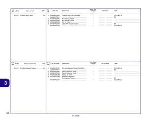 Ref.
L.O.N.
Nº
1

512115

Service Item

F.R.T.

Cushion Assy., Rear ......................... 0.6

Ref.
Nº
1
2
3
4
5

No. de
N.O.M.O.
Ref.
1

512115

Articulo de servicio

THLL

Ens Amortiguador Trasero ................ 0,6

Part. No.
52400-KPF-891
52400-KPF-911
90153-KF0-000
90182-KPF-900
90304-GE8-003
87516-KFC-900
87516-KFC-910

No. de
No. de pieza
Ref.
1
2
3
4
5

52400-KPF-891
52400-KPF-911
90153-KF0-000
90182-KPF-900
90304-GE8-003
87516-KFC-900
87516-KFC-910

Reqd. Qty.
CBX250
6

Description
Cushion Assy., RR. (SHOWA) ................
...............................................................
Bolt, Flange, 10x55 ................................
Bolt, Flange, 10x48 ................................
Nut, U, 10mm .........................................
Label, RR. Damper Caution ....................
...............................................................

1
1
1
1
1
1
1

Cant. Reqd
CBX250
6

Descripción
Ens Amortiguador Trasero (SHOWA) ......
...............................................................
Perno, Reborde, 10x55 ..........................
Perno, Reborde, 10x48 ..........................
Tuerca, U, 10mm ....................................
Etiqueta Precaución
Amortiguador Trasero .............................
...............................................................

3

168
31.10.05

Serial No.
................
................
................
................
................
................
................

...............
...............
...............
...............
...............
...............
...............

No. de série

Note
CO,2LA,3LA
BR
.................................................................
.................................................................
.................................................................
BR
CO,2LA,3LA

Note

1
1
1
1
1

................
................
................
................
................

...............
...............
...............
...............
...............

CO,2LA,3LA
BR
.................................................................
.................................................................
.................................................................

1
1

................
................

...............
...............

BR
CO,2LA,3LA

 