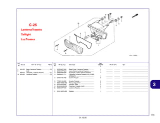 C-25
Lanterna Traseira
Taillight
Luz Trasera

Ref.
N.O.S.
Nº
1
4

6161E2

6161G1
10 6161H2

Item de serviço

T.M.O.

Base, Lanterna Traseira .................... 0,3
(2,3)
Lâmpada, Lanterna Traseira ............. 0,1
Lanterna Traseira .............................. 0,3

Ref.
Nº

Nº da peça

1
2
3
4

33703-KPF-901
33704-KPF-901
33705-KPF-901
34906-447-711

5

Qtd.
CBX250
6

Descrição

Nº de série

Tipo

1
1
1

................
................
................

...............
...............
...............

.................................................................
.................................................................
.................................................................

37242-435-700

Base Comp., Lanterna Traseira ..............
Lente Comp., Lanterna Traseira .............
Guarnição, Lente Lanterna Traseira .......
Lâmpada, Lanterna Traseira(12V 21/5W)
(STANLEY) .............................................
Coxim, Fixação ......................................

1
3

................
................

...............
...............

.................................................................
.................................................................

6
7
8
9
10

77302-124-000
90201-MCG-000
91410-679-000
90102-GHR-F00
33700-KPF-901

Arruela, Fixação .....................................
Porca, Cega, 6mm .................................
Presilha, 2x60 ........................................
Parafuso, Fixação, 4x25 ........................
Lanterna Traseira ...................................

3
3
1
2
1

................
................
................
................
................

...............
...............
...............
...............
...............

.................................................................
.................................................................
.................................................................
.................................................................
.................................................................

11

33741-MCG-003

Refletor ..................................................

1

................

...............

.................................................................

3

173
31.10.05

 