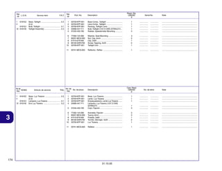 Ref.
L.O.N.
Nº

Reqd. Qty.
CBX250
6

6161G1
10 6161H2

No. de
N.O.M.O.
Ref.
1
4

6161E2

Base, Taillight ................................... 0.3
(2,3)
Bulb, Taillight .................................... 0.1
Taillight Assembly ............................. 0.3

Articulo de servicio

THLL

1
2
3
4
5

33703-KPF-901
33704-KPF-901
33705-KPF-901
34906-447-711
37242-435-700

Base Comp., Taillight .............................
Lens Comp., Taillight ..............................
Packing, Taillight Lens ...........................
Bulb, Taillight (12V 21/5W) (STANLEY) ...
Rubber, Speedometer Mounting .............

1
1
1
1
3

................
................
................
................
................

...............
...............
...............
...............
...............

.................................................................
.................................................................
.................................................................
.................................................................
.................................................................

77302-124-000
90201-MCG-000
91410-679-000
90102-GHR-F00
33700-KPF-901

Washer, Seat Mounting ..........................
Nut, Cap, 6mm .......................................
Clip, 2x60 ...............................................
Screw, Tapping, 4x25 .............................
Taillight Unit ............................................

3
3
1
2
1

................
................
................
................
................

...............
...............
...............
...............
...............

.................................................................
.................................................................
.................................................................
.................................................................
.................................................................

33741-MCG-003

Reflector, Reflex ....................................

1

................

...............

.................................................................

No. de
No. de pieza
Ref.
33703-KPF-901
33704-KPF-901
33705-KPF-901
34906-447-711

Description

Cant. Reqd
CBX250
6

Descripción

Serial No.

No. de série

Note

Note

1
1
1

................
................
................

...............
...............
...............

.................................................................
.................................................................
.................................................................

37242-435-700

Base, Luz Trasera ..................................
Lente, Luz Trasera .................................
Empaquetadura, Lente Luz Trasera .......
Lampara, Luz Trasera (12V 21/5W)
(STANLEY) .............................................
Cojin, Fijación .........................................

1
3

................
................

...............
...............

.................................................................
.................................................................

6
7
8
9
10

77302-124-000
90201-MCG-000
91410-679-000
90102-GHR-F00
33700-KPF-901

Arandela, Fijación ..................................
Tuerca, 6mm ...........................................
Presilla, 2x60 .........................................
Tornillo, Aterrajar, 4x25 ..........................
Luz Trasera ............................................

3
3
1
2
1

................
................
................
................
................

...............
...............
...............
...............
...............

.................................................................
.................................................................
.................................................................
.................................................................
.................................................................

11

3

1
2
3
4
5

6161G1
10 6161H2

Base, Luz Trasera ............................ 0,3
(2,3)
Lampara, Luz Trasera ....................... 0,1
Ens Luz Trasera ............................... 0,3

Part. No.

11

6161E2

F.R.T.

Ref.
Nº

6
7
8
9
10

1
4

Service Item

33741-MCG-003

Refletor ..................................................

1

................

...............

.................................................................

174
31.10.05

 