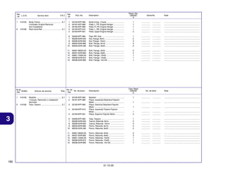 Ref.
L.O.N.
Nº

Reqd. Qty.
CBX250
6

6

410160

No. de
N.O.M.O.
Ref.

Body, Frame ...................................... 6.1
• Includes: Engine Removal
And Installation
Rear Hand Rail .................................. 0.1

Articulo de servicio

THLL

Part. No.

1
2
3
4
5

50100-KPF-960
50191-KPF-960
50192-KPF-960
50193-KPF-910
50194-KPF-901

Body Comp., Frame ...............................
Plate, L. FR. Engine Hanger ...................
Plate, R. FR. Engine Hanger ...................
Plate, L. RR. Engine Hanger ...................
Plate, Upper Engine Hanger ...................

1
1
1
1
2

................
................
................
................
................

...............
...............
...............
...............
...............

.................................................................
.................................................................
.................................................................
.................................................................
.................................................................

50400-KPF-960
90208-GHR-640
90208-GHR-650
90033-GHR-660
90033-GHR-J80

Pipe, RR. Grip ........................................
Nut, Flange, 8mm ...................................
Nut, Flange, 10mm .................................
Bolt, Flange, 8x16 ..................................
Bolt, Flange, 8x20 ..................................

1
2
3
2
2

................
................
................
................
................

...............
...............
...............
...............
...............

.................................................................
.................................................................
.................................................................
.................................................................
.................................................................

11
12
13
14
15

410100

F.R.T.

Ref.
Nº

6
7
8
9
10

1

Service Item

95801-08055-00
90037-GHR-800
95801-10055-00
90038-GHR-810
90038-GHR-890

Bolt, Flange, 8x55 ..................................
Bolt, Flange, 8x60 ..................................
Bolt, Flange, 10x55 ................................
Bolt, Flange, 10x65 ................................
Bolt, Flange, 10x105 ..............................

2
2
1
1
1

................
................
................
................
................

...............
...............
...............
...............
...............

.................................................................
.................................................................
.................................................................
.................................................................
.................................................................

No. de
No. de pieza
Ref.

Description

Cant. Reqd
CBX250
6

Descripción

3

410160

3

50192-KPF-960
50193-KPF-910
50194-KPF-901

Bastidor .................................................
Placa, Izquierda Delantera Fijación
Motor ......................................................
Placa, Derecha Delantera Fijación
Motor ......................................................
Placa, Izquierda Trasera Fijación
Motor ......................................................
Placa, Superior Fijación Motor ...............

6
7
8
9
10

50400-KPF-960
90208-GHR-640
90208-GHR-650
90033-GHR-660
90033-GHR-J80

11
12
13
14
15

6

Bastidor ............................................ 6,1
• Incluye: Remoción y instalación
del motor
Tubo, Trasero .................................... 0,1

50100-KPF-960
50191-KPF-960

5

410100

1
2

4

1

95801-08055-00
90037-GHR-800
95801-10055-00
90038-GHR-810
90038-GHR-890

Serial No.

No. de série

Note

Note

1

................

...............

.................................................................

1

................

...............

.................................................................

1

................

...............

.................................................................

1
2

................
................

...............
...............

.................................................................
.................................................................

Tubo, Trasero .........................................
Tuerca, Reborde, 8mm ...........................
Tuerca, Reborde, 10mm .........................
Perno, Reborde, 8x16 ............................
Perno, Reborde, 8x20 ............................

1
2
3
2
2

................
................
................
................
................

...............
...............
...............
...............
...............

.................................................................
.................................................................
.................................................................
.................................................................
.................................................................

Perno, Reborde, 8x55 ............................
Perno, Reborde, 8x60 ............................
Perno, Reborde, 10x55 ..........................
Perno, Reborde, 10x65 ..........................
Perno, Reborde, 10x105 ........................

2
2
1
1
1

................
................
................
................
................

...............
...............
...............
...............
...............

.................................................................
.................................................................
.................................................................
.................................................................
.................................................................

180
31.10.05

 