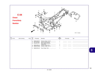C-28
Chassi
Frame Body
Bastidor

Ref.
N.O.S.
Nº

Item de serviço

T.M.O.

Ref.
Nº

Nº da peça

16
17
18

90038-GHR-970
50177-KPF-960
50193-KPF-910

19
20
21

Qtd.
CBX250
6

Descrição

Nº de série

Tipo

1
1

................
................

...............
...............

.................................................................
.................................................................

90032-GHR-J40
90038-GHR-M00

Parafuso, Flange, 10x150 ......................
Suporte, Bobina Ignição ........................
Placa, Traseira Esquerda
Fixação Motor ........................................
Parafuso, Flange, 6x12 ..........................
Parafuso, Flange, 10x110 ......................

1
2
1

................
................
................

...............
...............
...............

.................................................................
.................................................................
.................................................................

90208-GHR-J50

Porca, Flange, 10mm .............................

1

................

...............

.................................................................

3

181
31.10.05

 