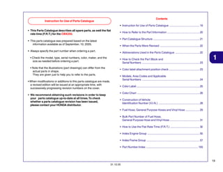 Contents

Instruction for Use of Parts Catalogue

• Instruction for Use of Parts Catalogue ...................................... 19
• This Parts Catalogue describes all spare parts, as well the flat
rate time (F.R.T.) for the CBX250.
• This parts catalogue was prepared based on the latest
information available as of September, 10, 2005.
• Always specify the part number when ordering a part.
• Check the model, type, serial numbers, color, maker, and the
size as needed before ordering a part.
• Note that the illustrations (part drawings) can differ from the
actual parts in shape.
They are given just to help you to refer to the parts.
• When modifications or additions to this parts catalogue are made,
a revised edition will be issued at an appropriate time, with
successively progressing revision numbers on the cover.
• We recommend obtaining such revisions in order to keep
your parts catalogue up-to-date at all times. To check
whether a parts catalogue revision has been issued,
please contact your HONDA distributor.

• How to Refer to the Part Information ......................................... 20
• Part Catalogue Structure ........................................................... 21
• When the Parts Were Revised .................................................. 22
• Abbreviations Used in the Parts Catalogue ............................... 22
• How to Check the Part Block and
Serial Numbers ......................................................................... 23

1

• Color label attachment position check ....................................... 23
• Models, Area Codes and Applicable
Serial Numbers ......................................................................... 24
• Color Label ................................................................................ 25
• Color Chart ............................................................................... 26
• Construction of Vehicle
Identification Number (V.I.N.) .................................................... 28
• Fuel Hose, General Purpose Hoses and Vinyl Hose .................. 29
• Bulk Part Number of Fuel Hose,
General Purpose Hose and Vinyl Hose ...................................... 31
• How to Use the Flat Rate Time (F.R.T.) ..................................... 32
• Index Engine Group .................................................................. 55
• Index Frame Group ................................................................... 57
• Part Number Index .................................................................. 193

19
31.10.05

 