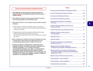 Índice

Instrucciones para Emplear el Catálogo de Piezas

• Instrucciones para Emplear el Catálogo de Piezas ................... 37
• Este Catálogo de Piezas describe todas las piezas de
repuesto, bien como el tiempo de servicio (THLL) para el
modelo CBX250.

• Cómo Consultar la Información de Piezas ................................. 38
• Estructura del Catálogo de Piezas ............................................ 39

• Este catálogo de piezas ha sido preparado en base a la última
información disponible el 10 de Setiembre, 2005.

• Cuando se han Revisado las Piezas ......................................... 40

• Especifique siempre el número de pieza cuando realice un pedido
de piezas.
• Compruebe los números de modelo, de tipo, y de serie, el
color, marca, y tamaño como sea necesario antes de realizar el
pedido de una pieza.
• Tenga presente que las ilustraciones (planos de las piezas)
pueden diferir de las piezas reales en su forma.
Se incluyen sólo para que le sirvan de referencia para consultar
las piezas.
• When modifications or additions to this parts catalogue are made,
a revised edition will be issued at an appropriate time, with
successively progressing revision numbers on the cover.
• Cuando se efectúen modificaciones o adiciones en el
catálogo de piezas, se editará una edición revisada en el
momento apropiado, con un número de revisión
sucesivamente progresivo en la tapa. Le recomendamos
que obtenga estas revisiones para mantener al día su
catálogo de piezas en todo momento. Para comprobar si se
ha editado una revisión del catálogo de partes, póngase en
contacto con su distribuidor HONDA.

• Abreviaturas Empleadas en el Catálogo
de Piezas .................................................................................. 40
• Cómo Comprobar el Bloque de Partes y los
Números de Série ..................................................................... 41

1

• Posición de Fijación de la Etiqueta de Color .............................. 41
• Modelos, Códigos de Área y Nos. de
Serie Aplicables ........................................................................ 42
• Etiqueta de Color ...................................................................... 43
• Tabla de Colores ....................................................................... 44
• Composición del Número de Identificación
del Vehículo (N.I.V.) ................................................................... 46
• Manguera de Combustible, Mangueras
de Aplicaciones Generales y Mangueras de Vinilo .................... 47
• Número de Parte sin Envasar de la Manguera de
Combustible, Manguera de Aplicaciones Generales y
Mangueras de Vinilo .................................................................. 49
• Modo de Usar la Tarifa Horaria Llana (THLL) .............................. 50
• Índice Ilustrado – Grupo de Motor ............................................. 55
• Índice Ilustrado – Grupo de Bastidor ......................................... 57
• Índice del Número de la Pieza ................................................ 193
37

31.10.05

 