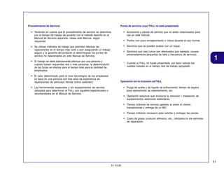Procedimiento de Servicio

Punto de servicio cuyo THLL no está presentado

• Teniendo en cuenta que el procedimiento de servicio se determina
con el tiempo de trabajo de acuerdo con el método descrito en el
Manual de Servicio separado, véase este Manual, según
requerido.

• Accesorios y piezas de servicio que no están relacionados para
uso en este manual.

• Se utilizan métodos de trabajo que permiten efectuar las
reparaciones en el tiempo más corto y aún asegurando un trabajo
seguro y la garantía del producto al determinarse los puntos de
servicio no relacionados en este Manual de Servicio.

• Servicios que se pueden acabar con un toque.

• Puntos con poco envejecimiento o rotura durante el uso normal.

• Servicios que casi nunca son efectuados (por ejemplo, causas
extremadamente pequeñas de falla y frecuencia de servicio).

• El trabajo se debe básicamente efectuar por una persona y
cuando fuesen requeridas dos o más personas, la determinación
de las horas se efectúa para el tiempo total para la cantidad de
empleados.
• El valor determinado para el nivel tecnológico de los empleados
se basa en una persona con tres años de experiencia en
reparaciones de vehículos Honda (como estándar).

1

* Cuando el THLL no fuese presentado, por favor calcule los
sueldos basado en el tiempo real de trabajo apropiado.

Operación sin la inclusión de THLL
• Purga de aceite y de líquido de enfriamiento; tiempo de espera
para operaciones de calentamiento, etc.

• Las herramientas especiales y los equipamientos de servicio
utilizados para determinar el THLL son aquellos especificados o
recomendados en el Manual de Servicio.

• Operación adicional que involucra la remoción / instalación de
equipamientos exteriores estándares.
• Tiempo indirecto de servicio gastado al visitar el cliente,
transacciones y entrega de un MC.
• Tiempo indirecto necesario para solicitar y entregar las piezas.
• Costo de grasa, producto adhesivo, etc., utilizados en los servicios
de reparación.

51
31.10.05

 