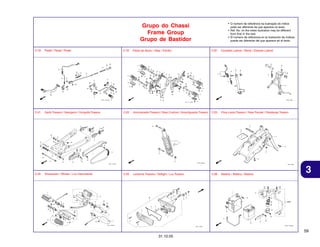 • O número de referência na ilustração do índice
pode ser diferente da que aparece no texto.
• Ref. No. on the index ilustration may be different
from that in the text.
• El número de referencia en la ilustración de índices
puede ser diferente del que aparece en el texto.

Grupo do Chassi
Frame Group
Grupo de Bastidor
C-18

Pedal / Pedal / Pedal

C-19

Pedal de Apoio / Step / Estribo

C-20

Cavalete Lateral / Stand / Estante Lateral

C-21

Garfo Traseiro / Swingarm / Horquilla Trasera

C-22

Amortecedor Traseiro / Rear Cushion / Amortiguador Trasero

C-23

Pára-Lama Traseiro / Rear Fender / Parafango Trasero

C-24

Sinalizador / Winker / Luz Intermitente

C-25

Lanterna Traseira / Taillight / Luz Trasera

C-26

Bateria / Battery / Bateria

3

59
31.10.05

 