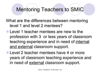 Mentoring Teachers to SMIC
What are the differences between mentoring
level 1 and level 2 mentees?
 Level 1 teacher mentees are new to the
profession with 3 or less years of classroom
teaching experience and in need of internal
and external classroom support.
 Level 2 teacher mentees have 4 or more
years of classroom teaching experience and
in need of external classroom support.
Honor * Excellence * Community * Joy
 
