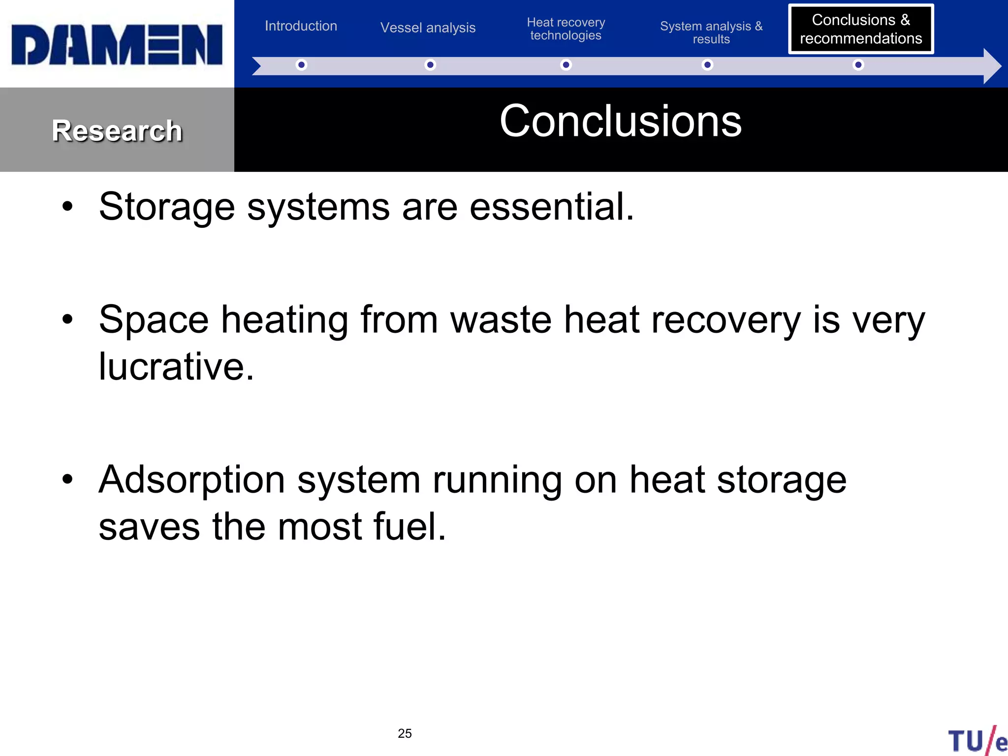Introduction Vessel analysis Heat recovery
technologies
System analysis &
results
Conclusion &
recommendations
Research
• Storage systems are essential.
• Space heating from waste heat recovery is very
lucrative.
• Adsorption system running on heat storage
saves the most fuel.
25
Conclusions
Conclusions &
recommendations
 