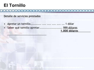 El Tornillo Detalle de servicios prestados   Apretar un tornillo........... .... .... .... .... ... 1 dólar Saber qué tornillo apretar.......................  999 dólares   1.000  dólares   