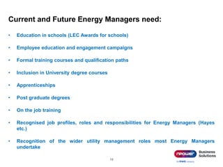 Current and Future Energy Managers need:
19
• Education in schools (LEC Awards for schools)
• Employee education and engagement campaigns
• Formal training courses and qualification paths
• Inclusion in University degree courses
• Apprenticeships
• Post graduate degrees
• On the job training
• Recognised job profiles, roles and responsibilities for Energy Managers (Hayes
etc.)
• Recognition of the wider utility management roles most Energy Managers
undertake
 