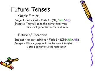 Future Tenses
 • Simple Future
 Subject + will/shall + Verb 1 + (Obj/Adv/Adj)
 Examples: They will go to the market tomorrow
            She shall go to the doctor next week


 • Future of Intention
 Subject + to be + going to + Verb 1 + (Obj/Adv/Adj)
 Examples: We are going to do our homework tonight
           John is going to fix the radio later
 