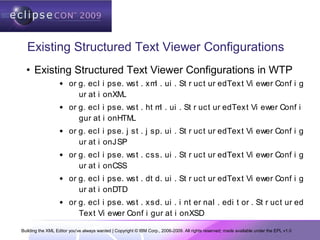Building the XML Editor you've always wanted | Copyright © IBM Corp., 2006-2009. All rights reserved; made available under the EPL v1.0
Existing Structured Text Viewer Configurations
• Existing Structured Text Viewer Configurations in WTP
 or g. ecl i pse. wst . xml . ui . St r uct ur edText Vi ewer Conf i g
ur at i onXML
 or g. ecl i pse. wst . ht ml . ui . St r uct ur edText Vi ewer Conf i
gur at i onHTML
 or g. ecl i pse. j st . j sp. ui . St r uct ur edText Vi ewer Conf i g
ur at i onJSP
 or g. ecl i pse. wst . css. ui . St r uct ur edText Vi ewer Conf i g
ur at i onCSS
 or g. ecl i pse. wst . dt d. ui . St r uct ur edText Vi ewer Conf i g
ur at i onDTD
 or g. ecl i pse. wst . xsd. ui . i nt er nal . edi t or . St r uct ur ed
Text Vi ewer Conf i gur at i onXSD
 