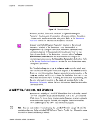 Chapter 2 Simulation Environment
LabVIEW Simulation Module User Manual 2-2 ni.com
Figure 2-1. Simulation Loop
You must place all Simulation functions, except the Set Diagram
Parameters function, and all simulation subsystems within a Simulation
Loop or within another simulation subsystem. Refer to the Simulation
Functions section for information about these functions.
You can wire the Set Diagram Parameters function to the optional
parameters terminal of the Simulation Loop, shown at left, to
programmatically configure simulation parameters for the enclosed
simulation diagram. If the parameters terminal is unwired, you can
right-click the border of the Simulation Loop and select Configure
Simulation Parameters from the shortcut menu to configure the
simulation parameters using the Simulation Parameters dialog box. Refer
to the Setting Simulation Parameters section for more information about
setting these parameters.
The Simulation Loop has error in and error out terminals, which send
error information through the simulation diagram. If the error in terminal
detects an error, the simulation diagram returns the error information in the
error out terminal and does not evaluate the simulation. If an error occurs
while the Simulation Loop is executing, the simulation stops running, and
the error information is output in the error out terminal. Refer to the
Simulation Debugging section for more information about how to resolve
simulation errors.
LabVIEW VIs, Functions, and Structures
You can use a majority of LabVIEW VIs and functions to describe a model.
However, you cannot place certain structures, such as the Case structure,
While Loop, For Loop, Event structure, or the Sequence structures, directly
on the simulation diagram. Instead, you can place these structures in a
subVI and then place the subVI on a simulation diagram.
Note You can load models you create using the LabVIEW Control Design VIs into the
simulation diagram. Refer to the LabVIEW Control Design Toolkit User Manual for more
information about control design models.
 