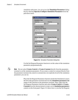 Chapter 2 Simulation Environment
LabVIEW Simulation Module User Manual 2-6 ni.com
simulation subsystem, you can access the Simulation Parameters dialog
box by selecting Operate»Configure Simulation Parameters from the
pull-down menu.
Figure 2-3. Simulation Parameters Dialog Box
Use the Set Diagram Parameters function to set the values of the simulation
parameters programmatically.
Note Do not select Create»Control or Create»Constant directly from the parameters
terminal to set the simulation parameters. If you create a control or constant directly from
the parameters terminal, the control or constant does not explicitly list all of the simulation
parameters you can set.
Place the Set Diagram Parameters function outside the Simulation Loop to
the left of the parameters terminal and wire the simulation parameters out
output of this function to the parameters terminal. Then, right-click the
Set Diagram Parameters function and select Create»Control or Create»
Constant from the shortcut menu to create a set of simulation parameters
controls on the front panel. Figure 2-4 shows how to wire the Set Diagram
 