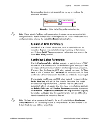 Chapter 2 Simulation Environment
© National Instruments Corporation 2-7 LabVIEW Simulation Module User Manual
Parameters function to create a control you can use to configure the
simulation parameters.
Figure 2-4. Wiring the Set Diagram Parameters Function
Note If you wire the Set Diagram Parameters function to the parameters terminal, the
configuration data the function specifies—including the default values—override the static
configuration you set using the Simulation Parameters dialog box.
Simulation Time Parameters
When LabVIEW executes a simulation, an ODE solver evaluates the
simulation diagram over multiple time steps beginning at the time you
specify in the Initial Time parameter and ending at the time you specify
in the Final Time parameter.
Continuous Solver Parameters
Use the Continuous Solver Method parameter to specify the type of ODE
solver LabVIEW uses to evaluate the simulation diagram. The type of ODE
solver you select determines what other simulation parameters you can set.
If you specify a fixed step-size ODE solver method, you can set the Time
Step, in units of seconds. The Time Step is the interval between the times
at which the ODE solver evaluates the model and updates the model output.
If you select a variable step-size ODE solver method, you can specify the
Initial Time Step, which is the time step size for the first time step of
the simulation diagram evaluation. A variable step-size ODE solver
dynamically adjusts subsequent time steps based upon what you specify in
the Relative Tolerance and Absolute Tolerance parameters. You can use
the Minimum Time Step and Maximum Time Step parameters to specify
the smallest and largest time step sizes the variable step-size ODE solver
can use to evaluate the simulation diagram.
Note Methods whose names are followed by the word (variable) in the Continuous
Solver Method list are variable step-size ODE solver methods. All other methods in the
list are fixed step-size ODE solver methods.
 