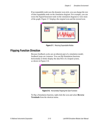 Chapter 2 Simulation Environment
© National Instruments Corporation 2-13 LabVIEW Simulation Module User Manual
If an expandable node uses the dynamic icon style, you can change the size
of that expandable node on the simulation diagram. For example, you can
resize the Signal Generator node on the simulation diagram to view more
of the graph. Figure 2-7 displays the original icon and the resized icon.
Figure 2-7. Resizing Expandable Nodes
Flipping Function Direction
Because feedback cycles are an inherent part of a simulation model,
feedback loops are common. You can flip Simulation functions
horizontally to better display the data flow of a looped system,
as shown in Figure 2-8.
Figure 2-8. Horizontally Flipping the Gain Function
To flip a Simulation function, right-click the icon and select Reverse
Terminals from the shortcut menu.
 