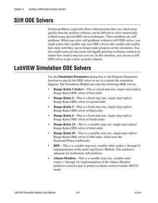 Chapter 4 Ordinary Differential Equation Solvers
LabVIEW Simulation Module User Manual 4-4 ni.com
Stiff ODE Solvers
Certain problems, especially those with transients that vary much more
quickly than the problem solution, can be difficult to solve numerically
without using special ODE solver techniques. These problems are stiff
problems. When you solve stiff problems without a stiff ODE solver, you
might notice that variable step-size ODE solvers take smaller and smaller
time steps until they can no longer make progress on the simulation. You
also might notice an inaccurate and rapidly growing oscillatory solution no
matter how small a step size you use. In this situation, you can use a stiff
ODE solver to get a more accurate solution.
LabVIEW Simulation ODE Solvers
Use the Simulation Parameters dialog box or Set Diagram Parameters
function to specify the ODE solver to use to evaluate the simulation
diagram. The Simulation Module provides the following ODE solvers:
• Runge-Kutta 1 (Euler)—This is a fixed step-size, single-step explicit
Runge-Kutta ODE solver of first order.
• Runge-Kutta 2—This is a fixed step-size, single-step explicit
Runge-Kutta ODE solver of second order.
• Runge-Kutta 3—This is a fixed step-size, single-step explicit
Runge-Kutta ODE solver of third order.
• Runge-Kutta 4—This is a fixed step-size, single-step explicit
Runge-Kutta ODE solver of fourth order.
• Runge-Kutta 23—This is a variable step-size, single-step explicit
Runge-Kutta ODE solver of third order.
• Runge-Kutta 45—This is a variable step-size, single-step explicit
Runge-Kutta ODE solver of fifth order, which uses the
Dormand-Prince coefficients.
• BDF—This is a variable step-size, variable order (orders 1 through 5)
implementation of the multi-step Gear’s Method. This method is
adequate for moderately stiff problems.
• Adams-Moulton—This is a variable step-size, variable order
(orders 1 through 12) implementation of the Adams-Moulton
predictor-corrector pair in predict-evaluate-correct-evaluate (PECE)
mode.
 