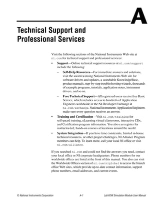 © National Instruments Corporation A-1 LabVIEW Simulation Module User Manual
ATechnical Support and
Professional Services
Visit the following sections of the National Instruments Web site at
ni.com for technical support and professional services:
• Support—Online technical support resources at ni.com/support
include the following:
– Self-Help Resources—For immediate answers and solutions,
visit the award-winning National Instruments Web site for
software drivers and updates, a searchable KnowledgeBase,
product manuals, step-by-step troubleshooting wizards, thousands
of example programs, tutorials, application notes, instrument
drivers, and so on.
– Free Technical Support—All registered users receive free Basic
Service, which includes access to hundreds of Application
Engineers worldwide in the NI Developer Exchange at
ni.com/exchange. National Instruments Application Engineers
make sure every question receives an answer.
• Training and Certification—Visit ni.com/training for
self-paced training, eLearning virtual classrooms, interactive CDs,
and Certification program information. You also can register for
instructor-led, hands-on courses at locations around the world.
• System Integration—If you have time constraints, limited in-house
technical resources, or other project challenges, NI Alliance Program
members can help. To learn more, call your local NI office or visit
ni.com/alliance.
If you searched ni.com and could not find the answers you need, contact
your local office or NI corporate headquarters. Phone numbers for our
worldwide offices are listed at the front of this manual. You also can visit
the Worldwide Offices section of ni.com/niglobal to access the branch
office Web sites, which provide up-to-date contact information, support
phone numbers, email addresses, and current events.
 