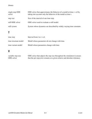 Glossary
LabVIEW Simulation Module User Manual G-4 ni.com
single-step ODE
solver
ODE solver that approximates the behavior of a model at time t + dt by
taking into account only the behavior of the model at time t.
step size Size of the interval of one time step.
stiff ODE solver ODE solver used to evaluate a stiff model.
stiff system System whose dynamics are described by widely varying time constants.
T
time step Interval from t to t + dt.
time-invariant model Model whose parameters do not change with time.
time-variant model Model whose parameters change with time.
V
variable step-size
ODE solver
ODE solver that adjusts the step size throughout the simulation to ensure
that the per-step error remains at a given relative and absolute tolerance.
 
