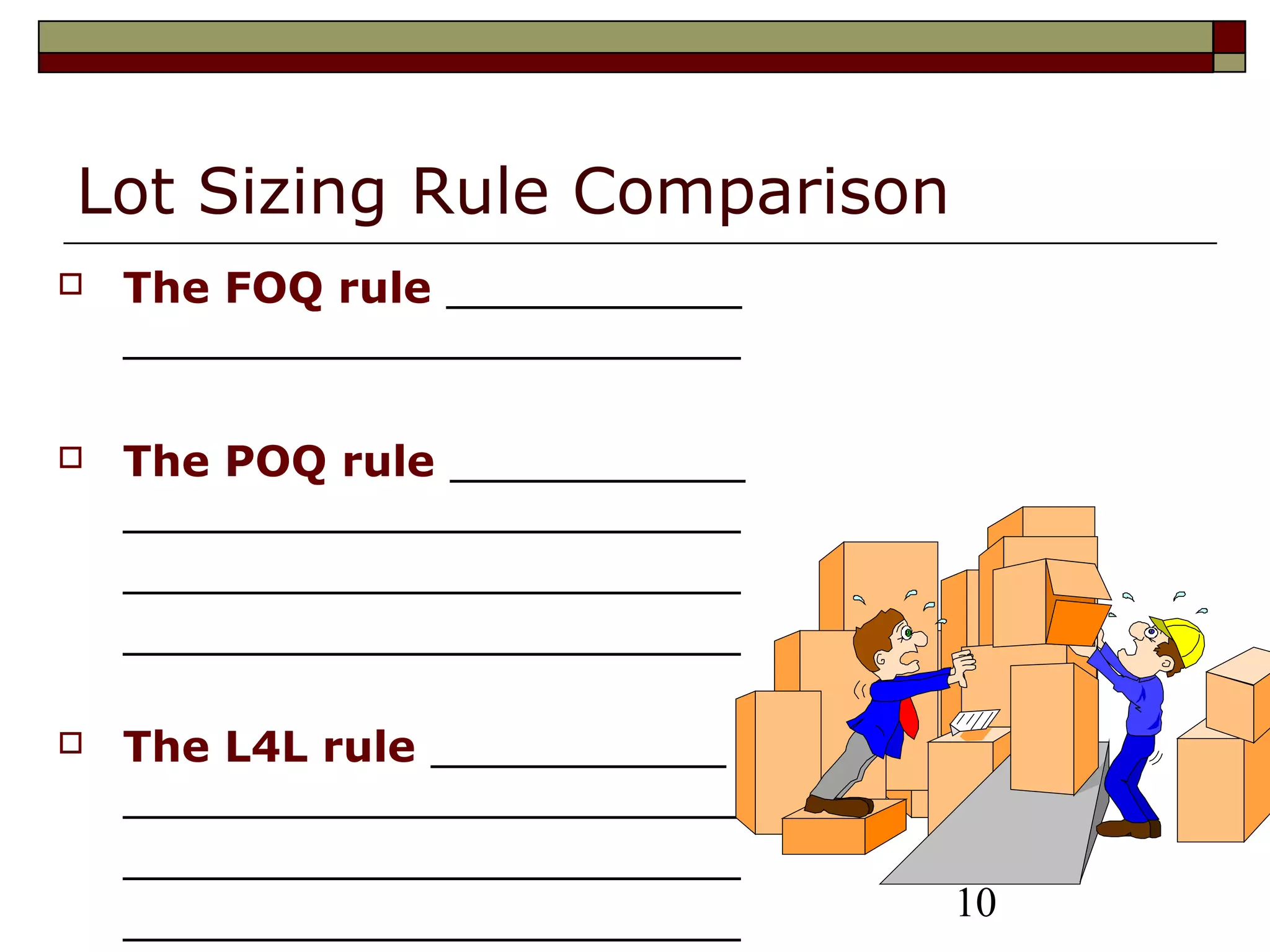 10
Lot Sizing Rule Comparison
 The FOQ rule ___________
_______________________
 The POQ rule ___________
_______________________
_______________________
_______________________
 The L4L rule ___________
_______________________
_______________________
_______________________
 