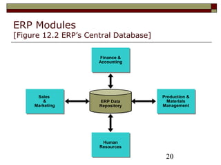 20
ERP Modules
[Figure 12.2 ERP’s Central Database]
Finance &
Accounting
Sales
&
Marketing
Human
Resources
Production &
Materials
Management
ERP Data
Repository
 