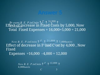Answer 5
Effect of increase in Fixed Costs by 5,000, Now
Total Fixed Expenses = 16,000+5,000 = 21,000
C 3
Pr esent B. E. P.inUnits 
F

16,000

5,333units
New B. E. P.inUnits 
F

2 1 , 0 0 0
 7,000units
Effect of decrease in FCixed C3ost by 4,000 , Now
Fixed
Expenses =16,000 -4,000 = 12,000
New B. E. P.inUnits 
F

12,000

4,000units
C 3
 