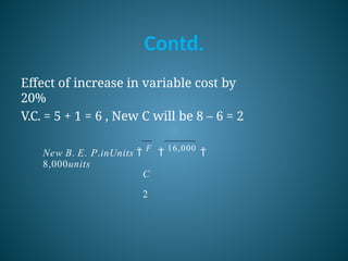 Contd.
Effect of increase in variable cost by
20%
V.C. = 5 + 1 = 6 , New C will be 8 – 6 = 2
New B. E. P.inUnits 
F

16,000

8,000units
C
2
 