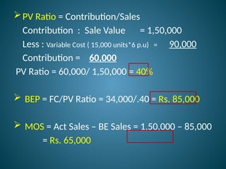 PV Ratio = Contribution/Sales
Contribution : Sale Value = 1,50,000
Less : Variable Cost ( 15,000 units*6 p.u) = 90,000
Contribution = 60,000
PV Ratio = 60,000/ 1,50,000 = 40%
 BEP = FC/PV Ratio = 34,000/.40 = Rs. 85,000
 MOS = Act Sales – BE Sales = 1,50,000 – 85,000
= Rs. 65,000
 