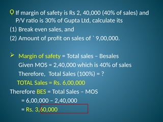 Ǫ If margin of safety is Rs 2, 40,000 (40% of sales) and
P/V ratio is 30% of Gupta Ltd, calculate its
(1) Break even sales, and
(2) Amount of profit on sales of ` 9,00,000.
 Margin of safety = Total sales – Besales
Given MOS = 2,40,000 which is 40% of sales
Therefore, Total Sales (100%) = ?
TOTAL Sales = Rs. 6,00,000
Therefore BES = Total Sales – MOS
= 6,00,000 – 2,40,000
= Rs. 3,60,000
 