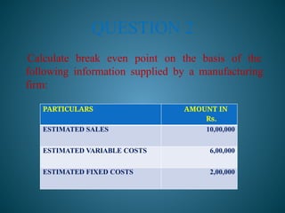 QUESTION 2
Calculate break even point on the basis of the
following information supplied by a manufacturing
firm:
PARTICULARS AMOUNT IN
Rs.
ESTIMATED SALES 10,00,000
ESTIMATED VARIABLE COSTS 6,00,000
ESTIMATED FIXED COSTS 2,00,000
 