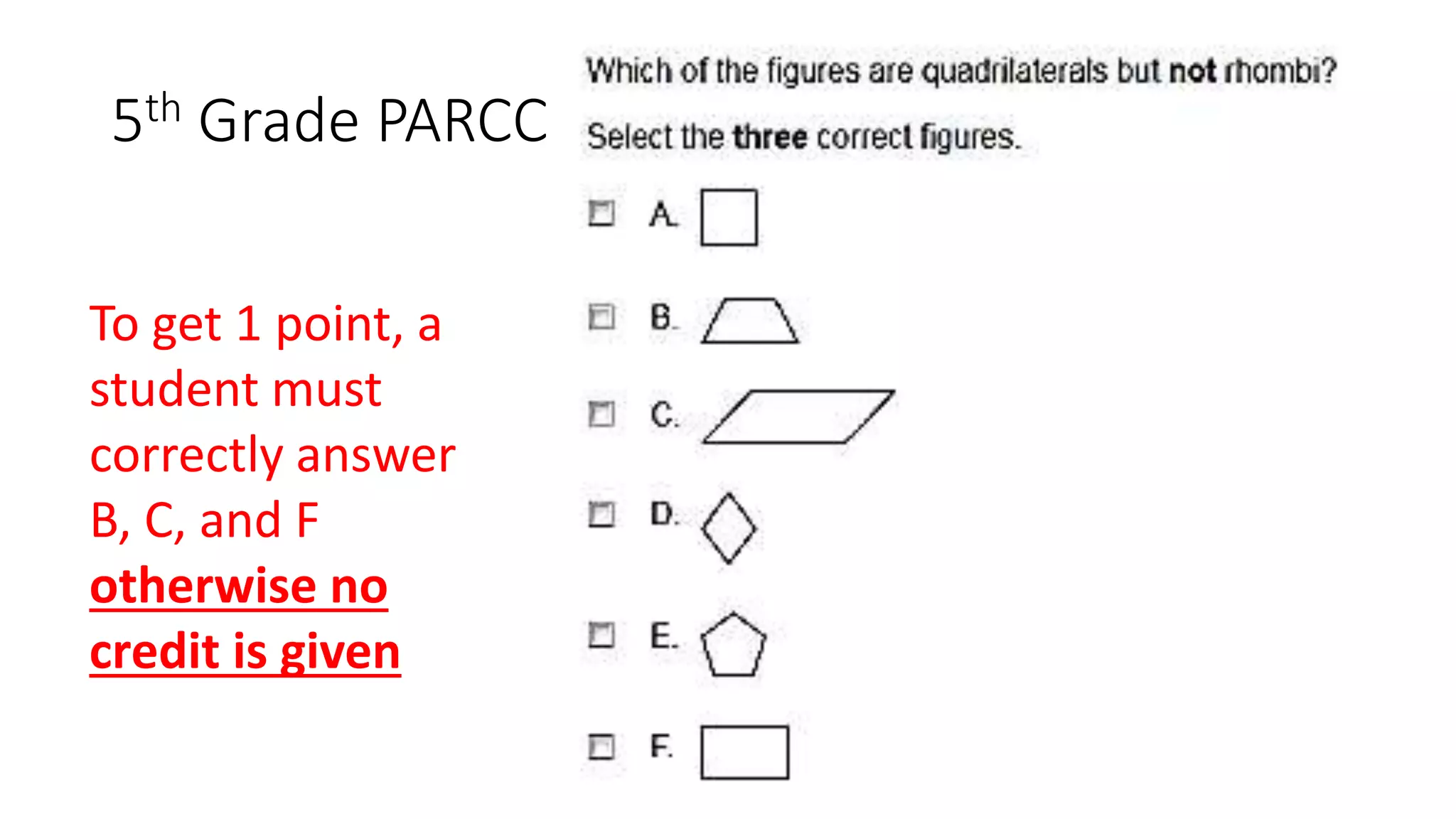 5th Grade PARCC
To get 1 point, a
student must
correctly answer
B, C, and F
otherwise no
credit is given
 